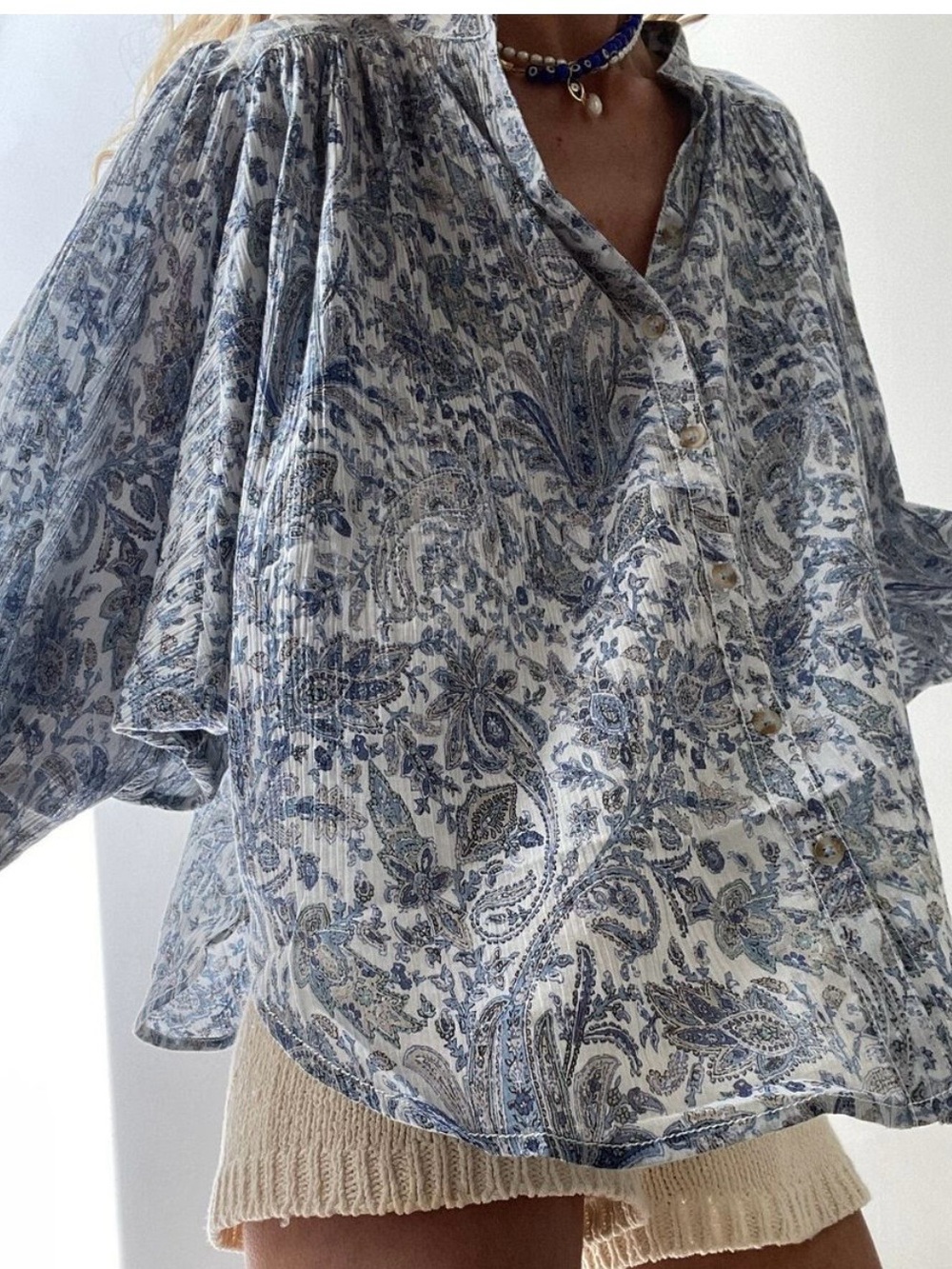 Pilcro Sidney Batwing Cotton Blouse Blue Paisley